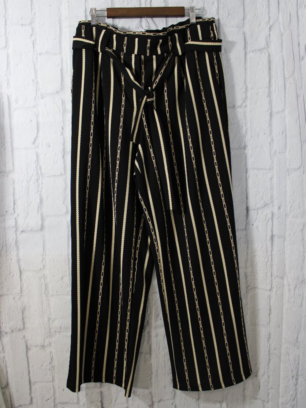 Cato Large Black Gold Chain Print Belted Wide Leg Preppy Casual Office Pants